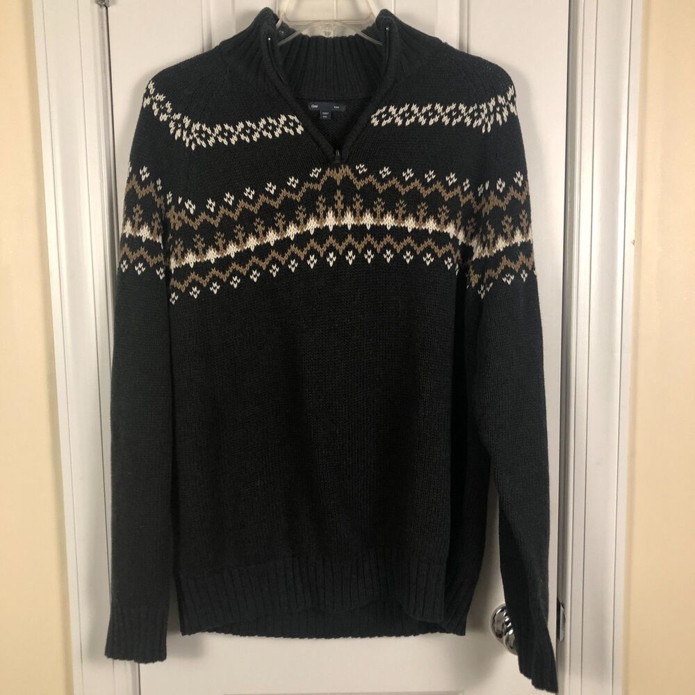 Gap Mens Sweater Mock Neck Zip Size 2XL Fair Isle Preppy‎ Rugged Dark Academia